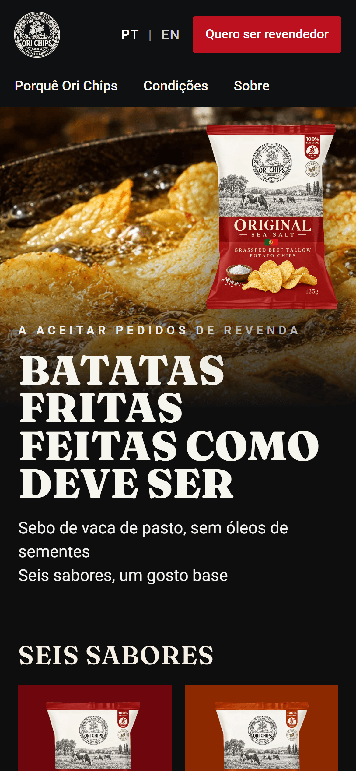Primeira página do site Ori Chips, no telemóvel